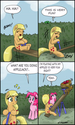 Size: 1852x3080 | Tagged: safe, artist:ciriliko, applejack, pinkie pie, earth pony, pony, :3, apple, comic, creeper, seesaw, silly, silly pony, that pony sure does love apples, who's a silly pony, zas