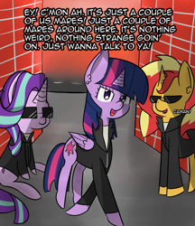 Size: 1953x2263 | Tagged: safe, artist:artiks, starlight glimmer, sunset shimmer, twilight sparkle, twilight sparkle (alicorn), alicorn, unicorn, brick wall, clothes, dialogue, female, gang, howling 2, jacket, jontron, leather jacket, magical trio, men in black, sunglasses, trio, trio female