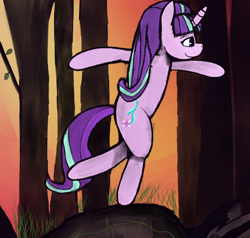 Size: 2100x2000 | Tagged: safe, artist:voloutfelixsit, starlight glimmer, pony, unicorn, colored, colored pupils, detailed, detailed background, female, forest, full body, happy, mare, rock, solo