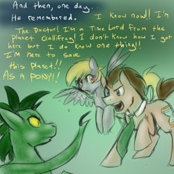 Size: 750x750 | Tagged: safe, artist:jitterbugjive, derpy hooves, doctor whooves, earth pony, pegasus, pony, badass, doctor who, female, male, mare, origin story, origins, ponified, pony hybrid, silurian, stallion, tumblr