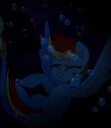 Size: 633x732 | Tagged: safe, derpibooru import, screencap, rainbow dash, pegasus, pony, my little pony: the movie, asphyxiation, bubble, cropped, drowning, puffy cheeks, underwater