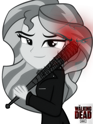 Size: 1082x1440 | Tagged: safe, artist:ngrycritic, sunset shimmer, equestria girls, amc, baseball bat, clothes, crossover, female, monochrome, negan, negan shimmer, solo, spikes, the walking dead