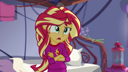 Size: 1280x720 | Tagged: safe, screencap, sunset shimmer, equestria girls, legend of everfree, bed, clothes, crossed arms, lantern, open mouth, pajamas, pillow, solo, talking, tent