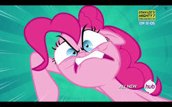 Size: 1280x800 | Tagged: safe, pinkie pie, earth pony, pony, pinkie pride, female, hub logo, mare, pink coat, pink mane, solo