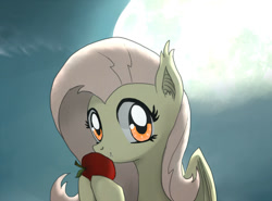 Size: 1081x800 | Tagged: safe, artist:239asd, fluttershy, bat pony, pony, bats!, apple, flutterbat, race swap, solo