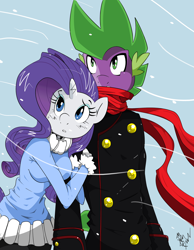 Size: 2550x3280 | Tagged: safe, artist:amostheartman, rarity, spike, anthro, dragon, unicorn, clothes, female, male, shipping, snow, sparity, straight