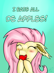 Size: 800x1078 | Tagged: safe, artist:krucification, fluttershy, bat pony, pony, bats!, apple, cute, eating, eyes closed, flutterbat, nom, race swap, shyabates, shyabetes, solo, that pony sure does love apples, tumblr