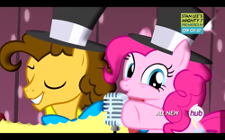 Size: 1280x800 | Tagged: safe, cheese sandwich, pinkie pie, earth pony, pony, pinkie pride, duo, female, hat, male, mare, microphone, pointing, singing, smiling, stallion, top hat