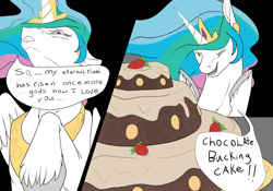 Size: 1280x896 | Tagged: safe, artist:backlash91, princess celestia, alicorn, pony, cake, cakelestia, solo, strawberry, unshorn fetlocks