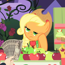 Size: 720x720 | Tagged: safe, edit, edited screencap, screencap, applejack, earth pony, pony, the best night ever, apple, clothes, cropped, dress, fistful of yen, food, frown, gala dress, glare, hand, hoof on chin, japanese yen, leaning, lidded eyes, money, squishy cheeks, unamused