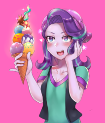 Size: 800x941 | Tagged: safe, artist:tzc, starlight glimmer, equestria girls, mirror magic, spoiler:eqg specials, beanie, blushing, breasts, cleavage, clothes, cute, cutie mark, dessert, female, food, gasp, glimmerbetes, hat, ice cream, implied mane seven, nail polish, pink background, simple background, solo, sparkles, that human sure does love ice cream, vest