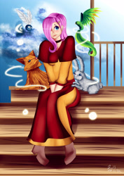 Size: 2894x4093 | Tagged: safe, artist:lezzette, fluttershy, human, parasprite, air nomad, animal empath, avatar the last airbender, clothes, cute, dress, feminism, humanized, martial artist, shaman, shyabetes, spiritual empath, spiritual empathy, zoolingualist