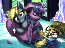 Size: 2160x1605 | Tagged: safe, artist:harwick, derpy hooves, twilight sparkle, twilight sparkle (alicorn), alicorn, pegasus, pony, duo, duo female, eyes closed, female, hug, mailbag, mare, sitting, twilight's castle