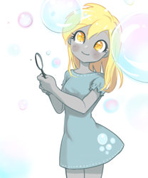 Size: 1000x1200 | Tagged: safe, artist:quizia, derpy hooves, equestria girls, blushing, bubble, clothes, cute, derpabetes, dress, female, looking at you, quizia is trying to murder us, simple background, skirt, smiling, solo, white background