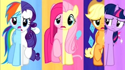 Size: 1280x720 | Tagged: safe, derpibooru import, screencap, applejack, fluttershy, pinkie pie, rainbow dash, rarity, twilight sparkle, unicorn twilight, earth pony, pegasus, pony, unicorn, magical mystery cure, cutie mark swap, female, mane six, mare, pinkamena diane pie, what my cutie mark is telling me