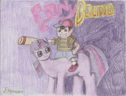 Size: 900x691 | Tagged: safe, artist:dwreanpony, derpibooru import, twilight sparkle, crossover, earthbound, mother, ness, nintendo, riding, traditional art