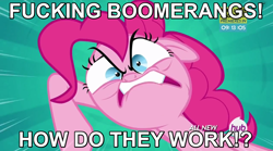 Size: 794x442 | Tagged: safe, edit, edited screencap, screencap, pinkie pie, earth pony, pony, pinkie pride, hub logo, image macro, rage, ragey pie, solo, vulgar