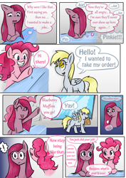 Size: 2480x3508 | Tagged: safe, artist:drhikari, derpy hooves, pinkie pie, pegasus, pony, comic:dealing with depression, comic, female, food, mare, muffin, paper bag, pinkamena diane pie