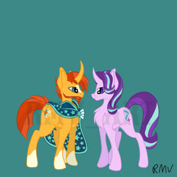 Size: 1024x1024 | Tagged: safe, artist:rmv-art, starlight glimmer, sunburst, pony, unicorn, beard, chest fluff, clothes, curved horn, cutie mark, duo, facial hair, female, looking at each other, male, mare, missing accessory, robe, signature, simple background, smiling, stallion, sunburst's robe, watermark