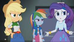 Size: 593x338 | Tagged: safe, derpibooru import, screencap, applejack, rainbow dash, rarity, equestria girls, rainbow rocks, bracelet, derp, great moments in animation, i just don't know what went wrong, jewelry, rariderp, shrug