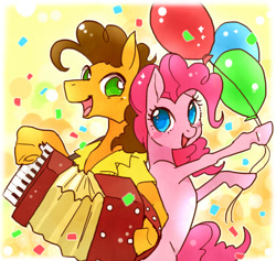 Size: 600x569 | Tagged: safe, artist:pasikon, cheese sandwich, pinkie pie, earth pony, pony, pinkie pride, accordion, balloon, cheesepie, female, male, musical instrument, shipping, straight