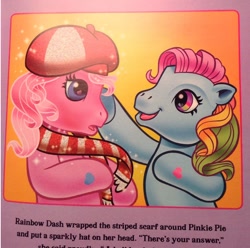 Size: 686x680 | Tagged: safe, derpibooru import, pinkie pie, rainbow dash, rainbow dash (g3), earth pony, pony, g3, blushing, clothes, female, hat, implied shipping, lesbian, official, pinkiedash, scarf, shipping