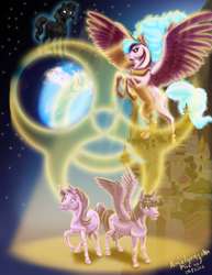 Size: 2550x3300 | Tagged: safe, artist:amalgamzaku, princess celestia, starlight glimmer, twilight sparkle, twilight sparkle (alicorn), alicorn, pony, biohazard, canterlot, fanfic, fanfic art, fanfic cover