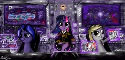 Size: 5068x2432 | Tagged: safe, artist:einik, derpy hooves, twilight sparkle, oc, pegasus, pony, :t, bedroom eyes, clothes, female, hologram, looking at you, mare, screen, sitting, smiling, smirk, spaceship, uniform