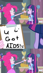 Size: 413x700 | Tagged: safe, derpibooru import, edit, pinkie pie, twilight sparkle, equestria girls, note, pinkie's clipboard, sign, smiling