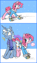 Size: 588x995 | Tagged: safe, artist:artflicker, pinkie pie, pokey pierce, earth pony, pony, butt bump, butt to butt, butt touch, clothes, comic, female, male, pokeypie, scarf, shipping, sliding, snow, snowfall, straight, surprised, winter