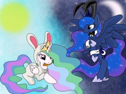 Size: 1024x768 | Tagged: safe, artist:derpyhoves18, princess celestia, princess luna, alicorn, pony, bowtie, bunny costume, bunny ears, bunny pajamas, bunny suit, carrot, clothes, cufflinks, cuffs, cuffs (clothes), moon, sun