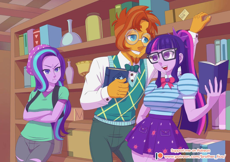 973087 - safe, artist:brother-tico, sci-twi, starlight glimmer, sunburst,  twilight sparkle, human, equestria girls, equestria girls series, uncommon  bond, :t, beanie, book, bookshelf, clothes, cute, equestria girls  interpretation, equestria girls-ified ...