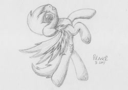 Size: 1063x751 | Tagged: safe, artist:poldekpl, derpy hooves, pegasus, pony, backflip, flying, happy, monochrome, pencil drawing, solo, traditional art