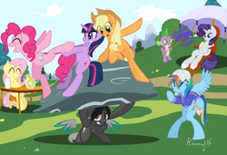 Size: 1750x1200 | Tagged: safe, artist:humble-ravenwolf, derpibooru import, applejack, fluttershy, pinkie pie, rainbow dash, rarity, spike, twilight sparkle, oc, oc:ravenhoof, dragon, earth pony, pegasus, pony, unicorn, bipedal, boulder, fanning, field, floating wings, juice, lemonade, mane seven, mane six, rock, umbrella