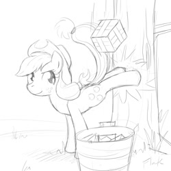 Size: 1000x1000 | Tagged: safe, artist:flak, applejack, earth pony, pony, applebucking, bucking, cube, grayscale, monochrome, solo, tree