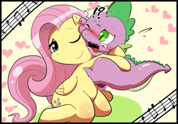 Size: 1731x1211 | Tagged: safe, artist:kmart0614, fluttershy, spike, dragon, pegasus, pony, anatomically incorrect, blushing, female, flutterspike, hape, heart, hug, incorrect leg anatomy, male, music notes, open mouth, pushing, shipping, smiling, spikelove, straight, struggling, sweat, wavy mouth, wide eyes, wink