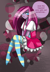 Size: 900x1300 | Tagged: safe, artist:underwaterteaparty, pinkie pie, human, clothes, humanized, looking at you, missing shoes, pinkamena diane pie, pony coloring, sad, solo, stockings