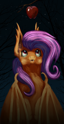 Size: 1034x2000 | Tagged: safe, artist:hoofboot, fluttershy, bat pony, pony, apple, flutterbat, night, race swap, solo, stars