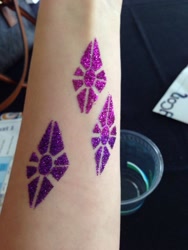 Size: 768x1024 | Tagged: safe, rarity, human, 2014, body art, bronycon, convention, cutie mark, glitter, irl, irl human, photo, temporary tattoo, traditional art