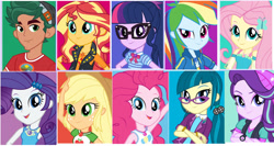 Size: 1030x548 | Tagged: safe, editor:php77, applejack, fluttershy, juniper montage, pinkie pie, rainbow dash, rarity, sci-twi, starlight glimmer, sunset shimmer, timber spruce, twilight sparkle, equestria girls, equestria girls series, legend of everfree, mirror magic, alternate universe, geode of empathy, geode of fauna, geode of shielding, geode of super speed, geode of super strength, geode of telekinesis, humane five, humane seven, humane six, looking at you, magical geodes
