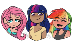 Size: 3200x1861 | Tagged: safe, artist:fairdahlia, derpibooru import, fluttershy, rainbow dash, twilight sparkle, human, :d, :t, blushing, bust, cute, dark skin, eyes closed, female, humanized, lidded eyes, looking at you, multicolored hair, no nose, open mouth, simple background, smiling, white background