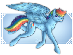 Size: 1147x856 | Tagged: safe, artist:nerakie, derpibooru import, rainbow dash, pegasus, pony, abstract background, alternate hairstyle, cutie mark, female, grin, mare, simple background, smiling, solo, spread wings, transparent background, wings