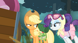 Size: 1280x714 | Tagged: safe, screencap, applejack, rarity, earth pony, pony, unicorn, sleepless in ponyville, camping outfit, clothes, glasses, saddle bag