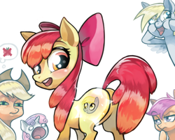 Size: 600x483 | Tagged: safe, artist:s08080, apple bloom, applejack, derpy hooves, scootaloo, sweetie belle, earth pony, pegasus, pony, appul, cutie mark, cutie mark crusaders, dishonorapple, female, mare, meme, pictogram, squint, squintjack, sweetie derelle, thought bubble, wat