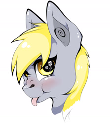 Size: 1935x2167 | Tagged: safe, artist:red-soulfire, derpy hooves, pegasus, pony, blushing, bust, female, mare, nose wrinkle, portrait, scrunchy face, simple background, solo, tongue out, white background