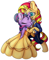 Size: 3823x4651 | Tagged: safe, artist:cutepencilcase, sunset shimmer, twilight sparkle, twilight sparkle (alicorn), alicorn, pony, unicorn, absurd resolution, beauty and the beast, clothes, commission, cute, disney, dress, female, lesbian, mare, shimmerbetes, shipping, simple background, sunsetsparkle, transparent background, twiabetes