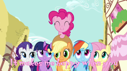 Size: 1280x720 | Tagged: safe, derpibooru import, screencap, applejack, fluttershy, pinkie pie, rainbow dash, rarity, twilight sparkle, earth pony, pegasus, pony, unicorn, a friend in deed, cutie mark, karaoke, mane six, sing along, smile song, text