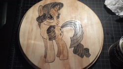 Size: 3264x1840 | Tagged: safe, artist:farondk, rarity, pony, unicorn, carving, pyrography, traditional art, woodwork