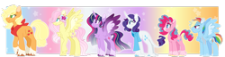 Size: 1600x412 | Tagged: safe, artist:leviostars, derpibooru import, applejack, fluttershy, pinkie pie, rainbow dash, rarity, twilight sparkle, twilight sparkle (alicorn), alicorn, earth pony, pegasus, pony, unicorn, alternate design, chest fluff, clothes, colored wings, gradient wings, mane six, scar, shirt, spread wings, wings