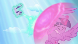 Size: 1280x720 | Tagged: safe, screencap, starlight glimmer, twilight sparkle, twilight sparkle (alicorn), alicorn, pony, unicorn, the cutie re-mark, blast, eyes closed, female, force field, glowing horn, gritted teeth, magic, magic blast, mare, open mouth, s5 starlight, shield